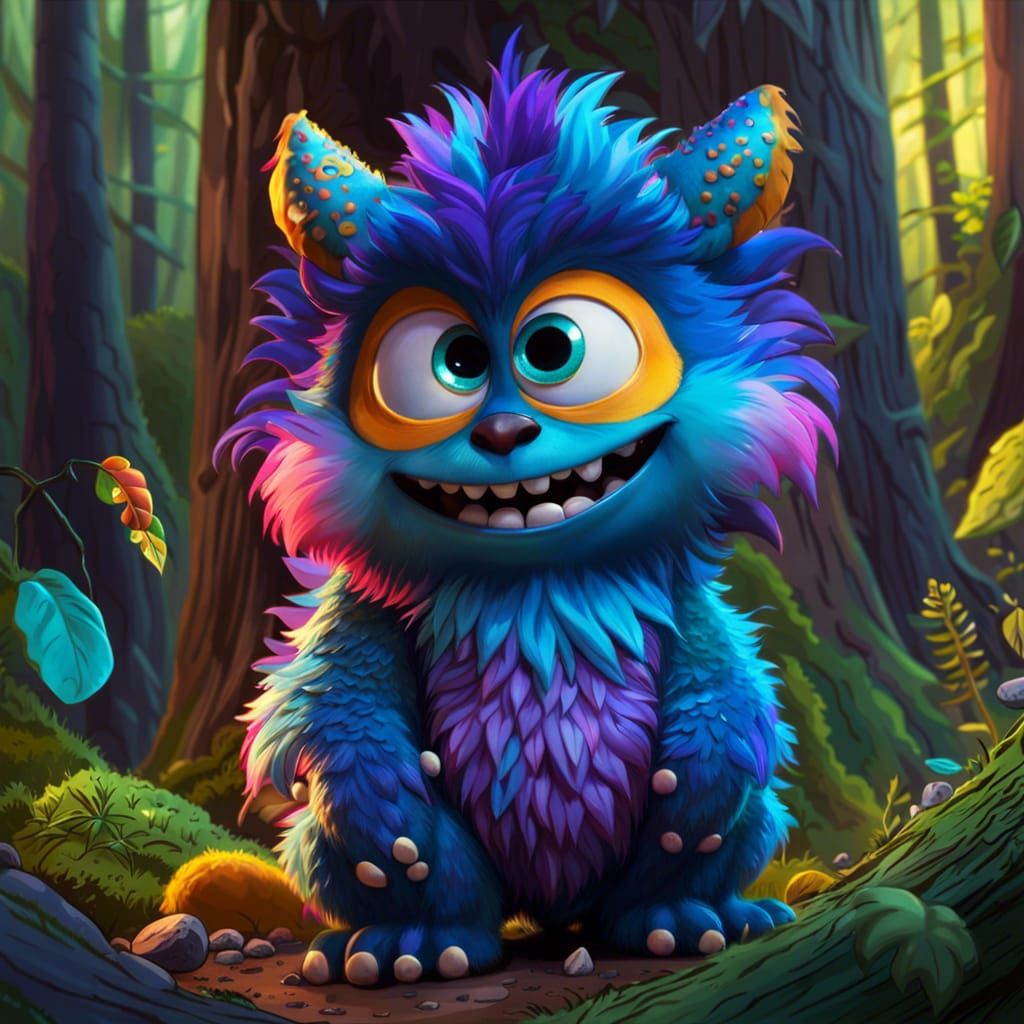 Cute Furry Monster in Forest: Pixar-Style Splash Art