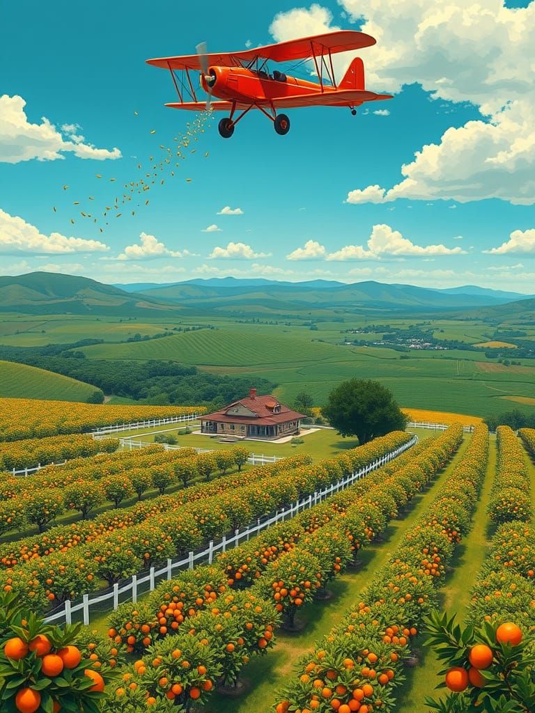 Orange Orchard Vista with Biplane in Gouache Style