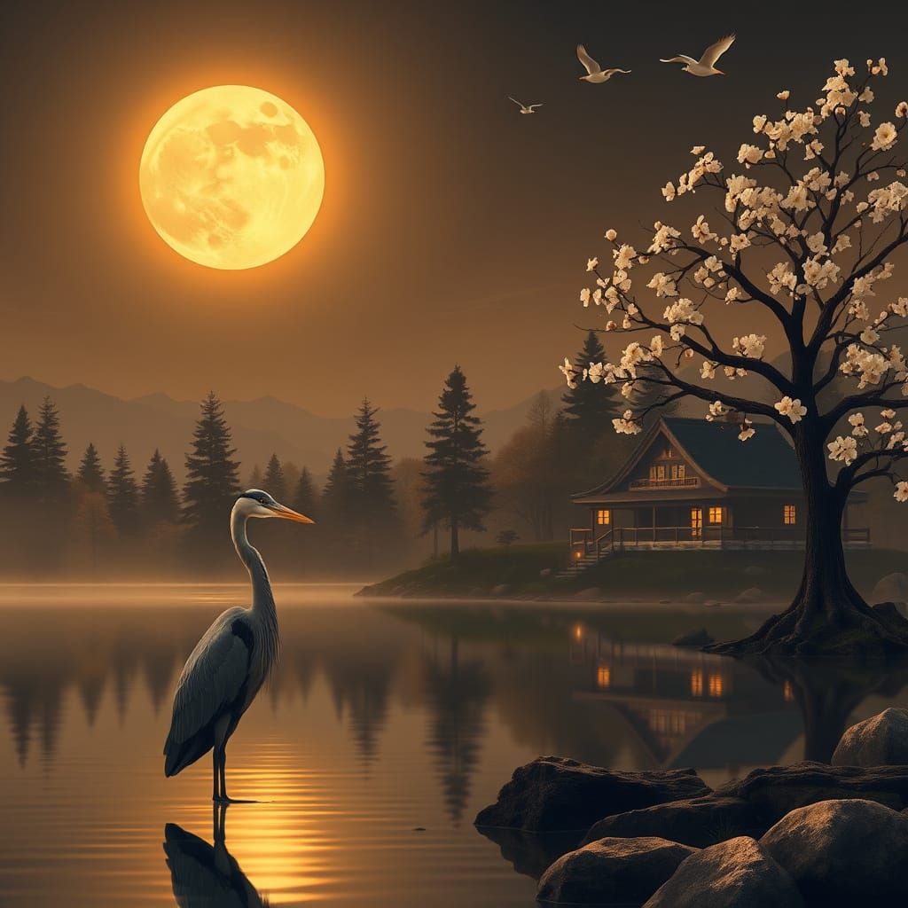Heron by Moonlit Lake in Sepia Tones