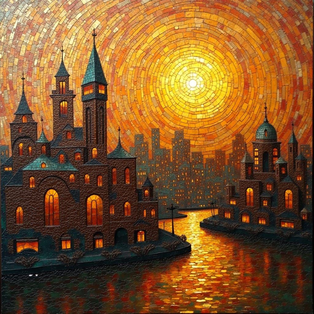 Kintsugi Mosaic Cityscape in Impasto Style