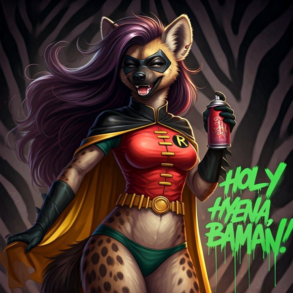 Feminine Hyena in Robin Costume, Bright Graffiti Background