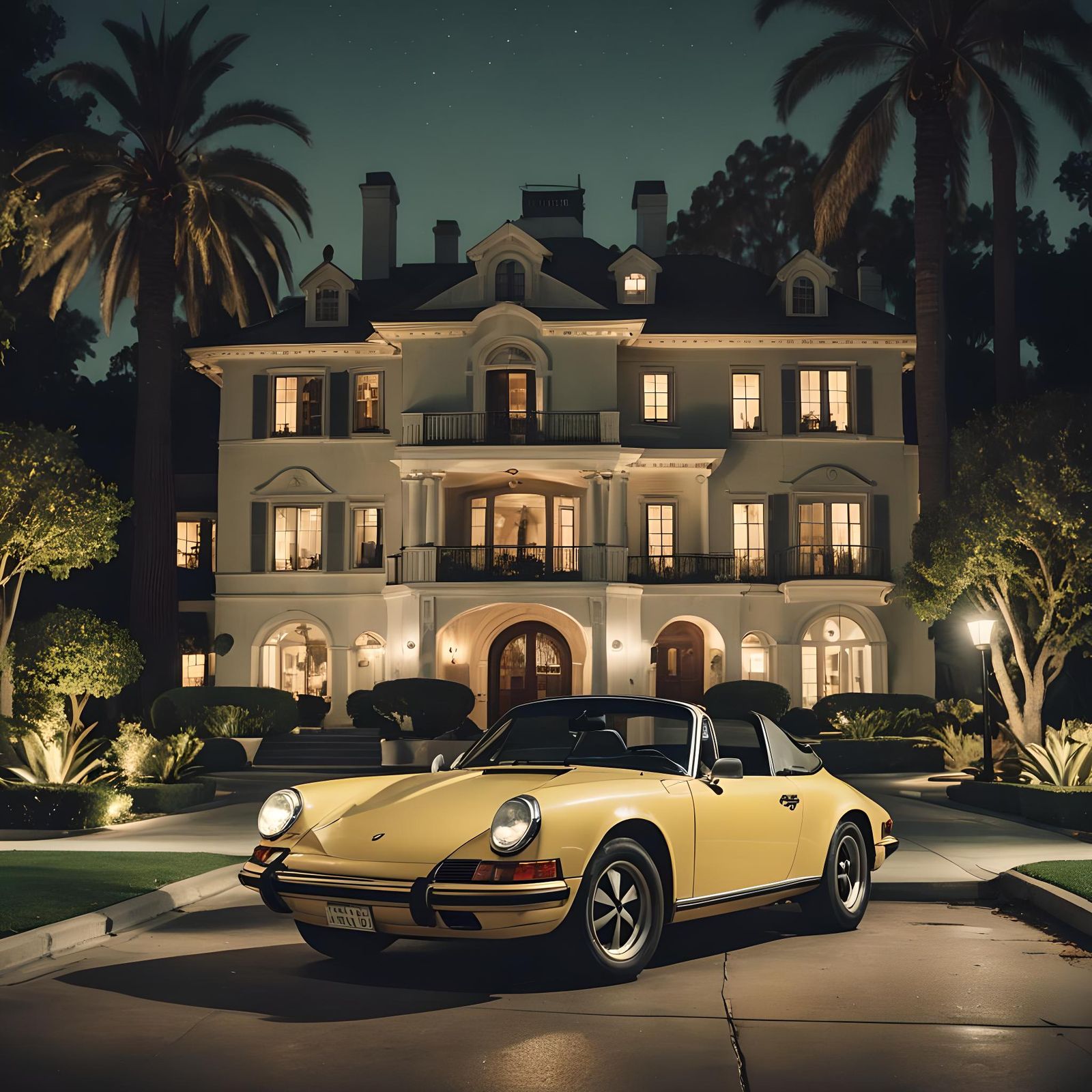 Beverly Hills Mansion with Porsche 911 Targa at Night