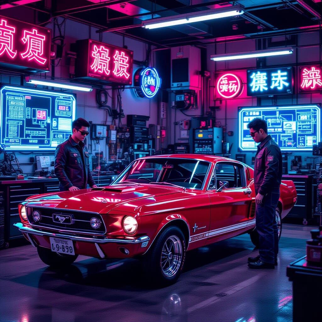 Classic Mustang GT in Neon Tokyo, Cyberpunk Style