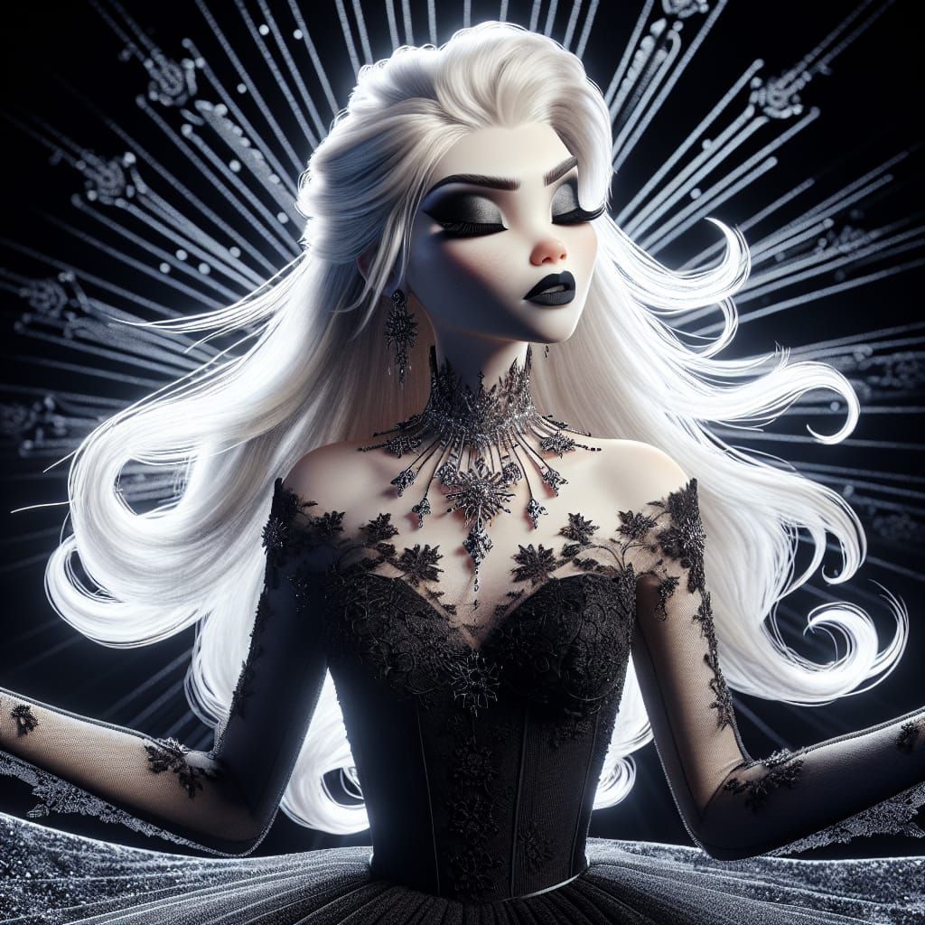 Gothic Ice Queen in Black Lace Dress with Silver Jewelry
