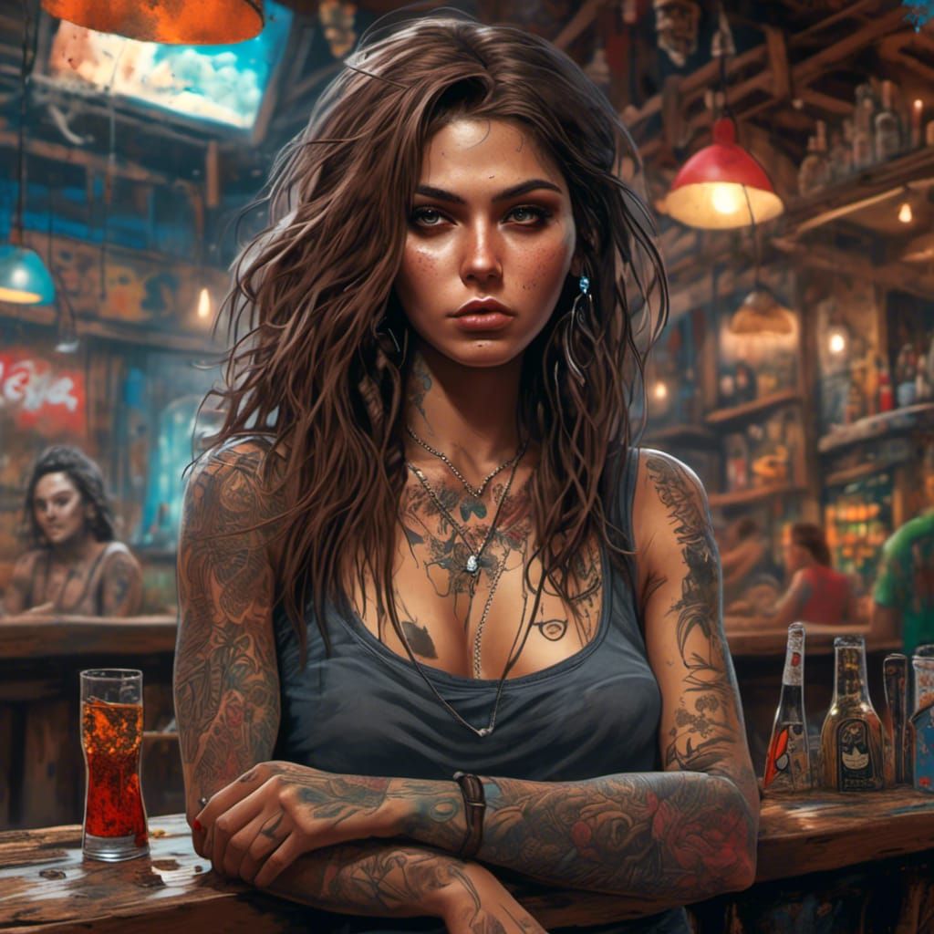 Colombian Bar Lady with Tattoos in Graffiti Style