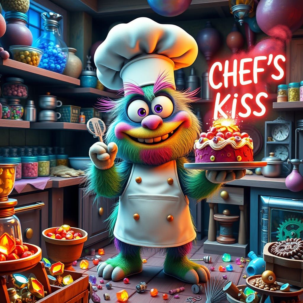 Fluffy Monster Chef's Whimsical 3D Cartoon Kitchen