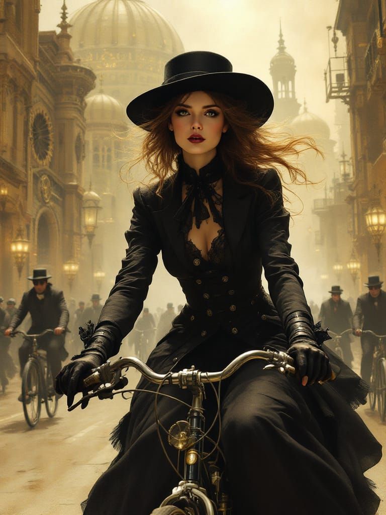 Steampunk Woman Rides Bicycle in Golden City