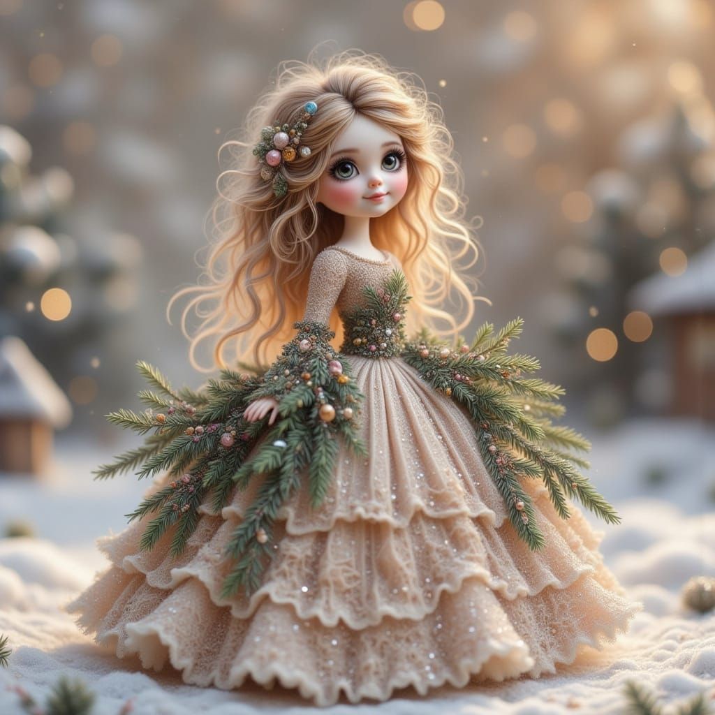 Doll in Opulent Winter Gown with Crystal Fireworks