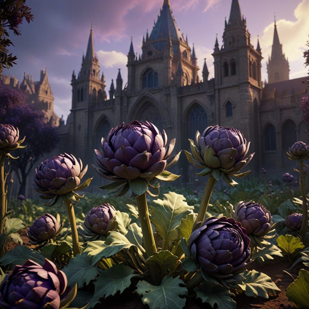 Dark Fantasy Artichokes Fall from Gothic Sky