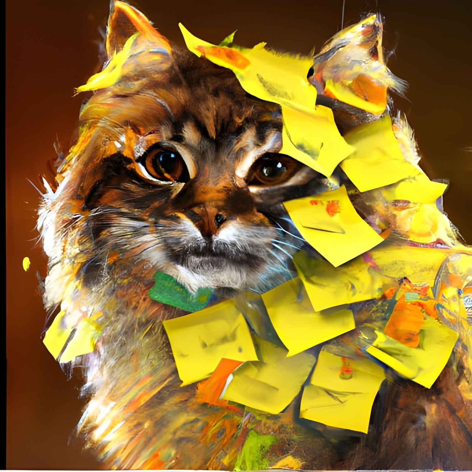 Fluffy Cat Portrait with Sticky Notes, Hyperdetailed Art