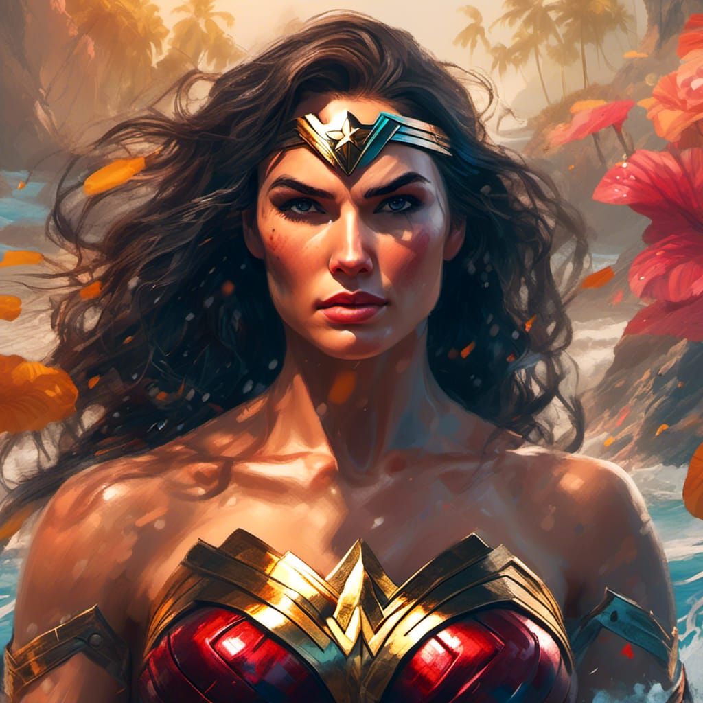 Wonder Woman in Exotic Beachwear, Hyperreal Portrait