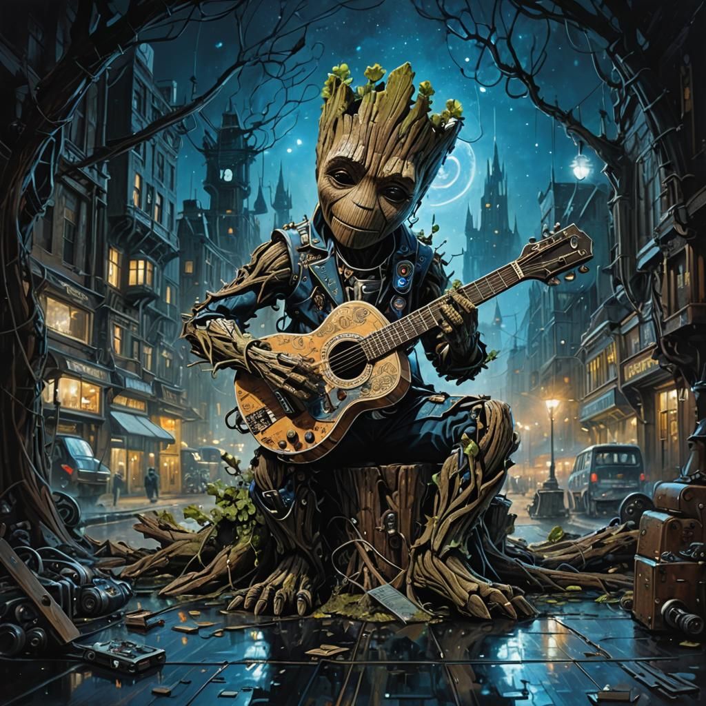 Bioluminescent Steampunk Robotic Groot playing Guitar, lace ...