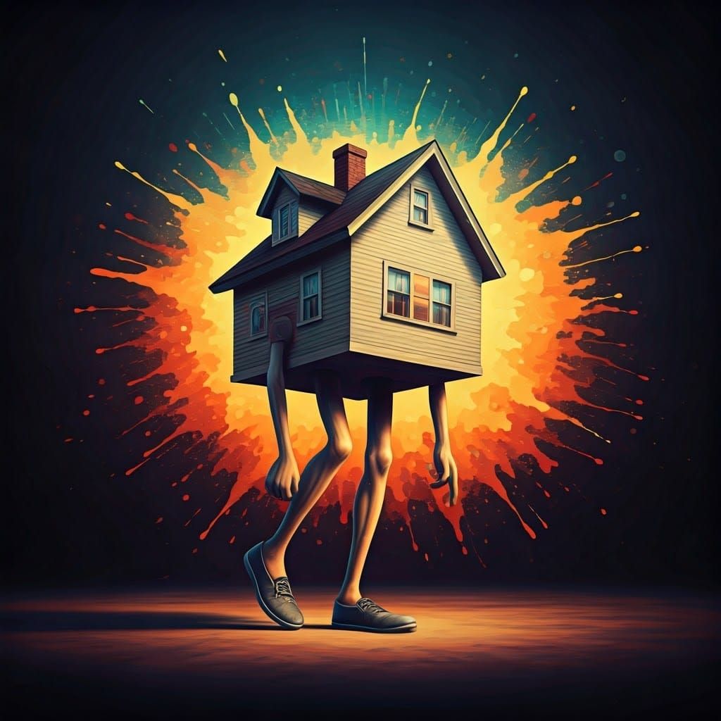 Anthropomorphic House Removes Shoe in Hyperrealistic Style