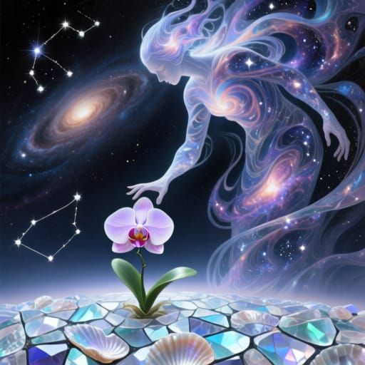 A celestial being reaching towards a single orchid in a field of geometric shapes.