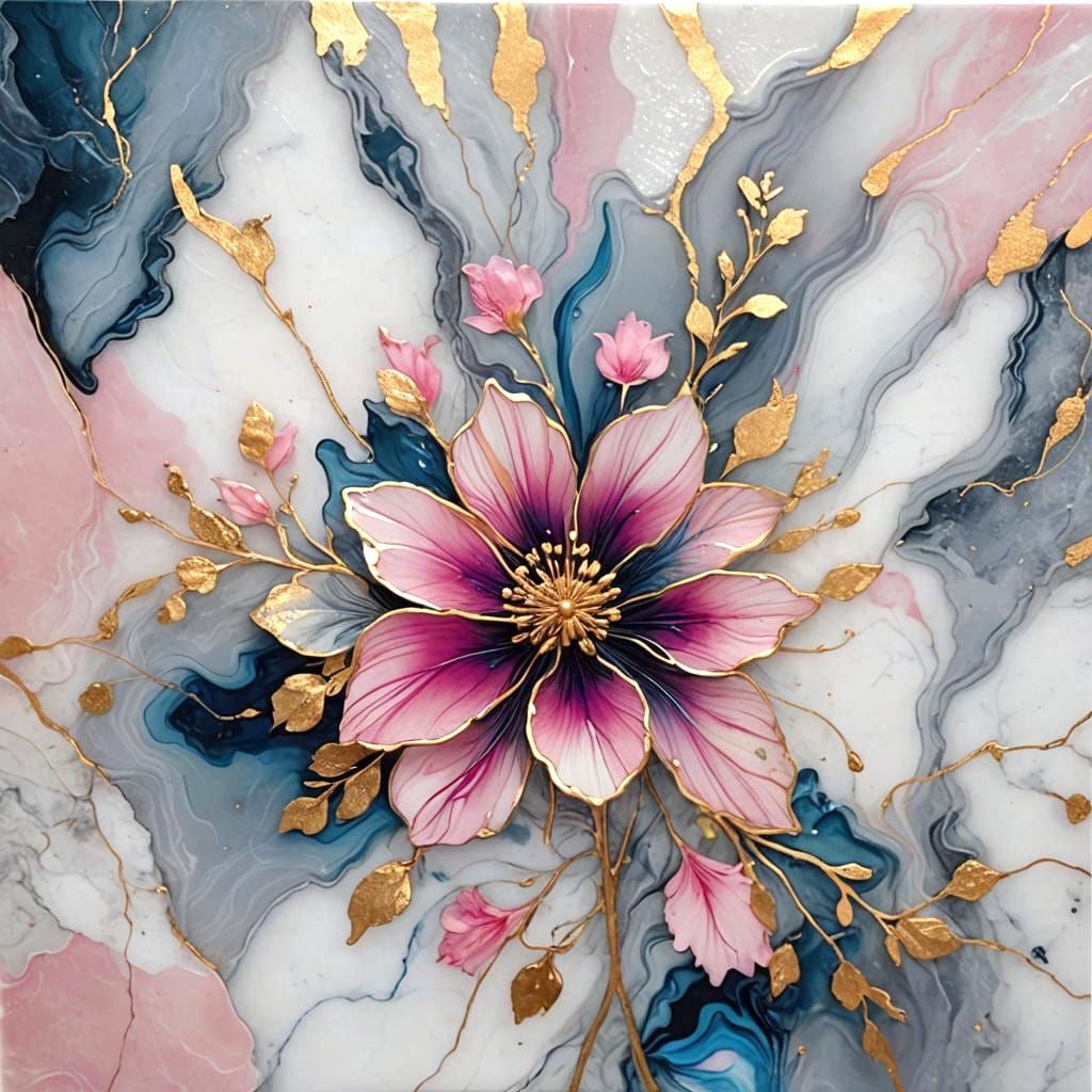 Floral Art on Marble with Golden Streaks