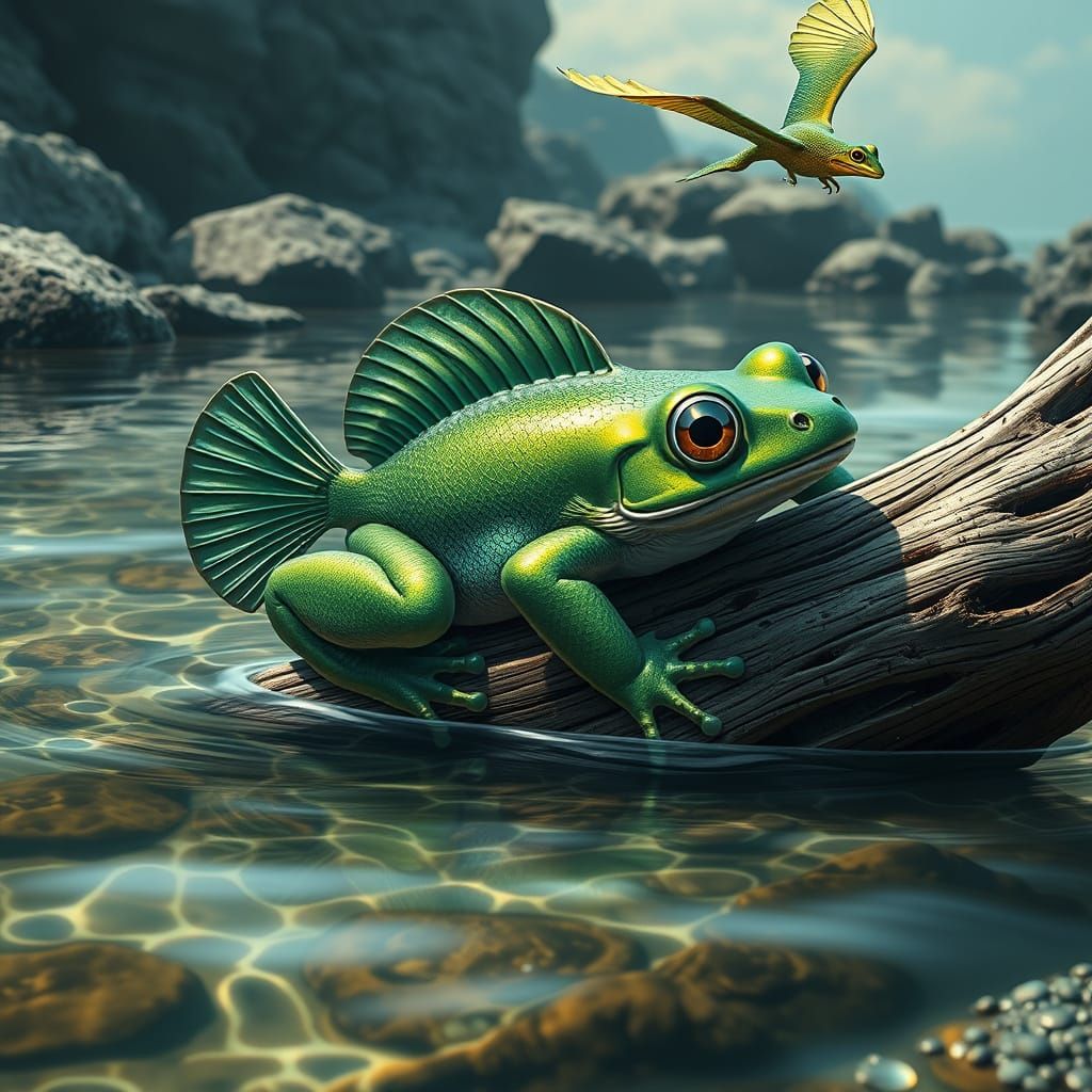 Futuristic Fish-Frog on Driftwood, Dreamy Sci-Fi Art
