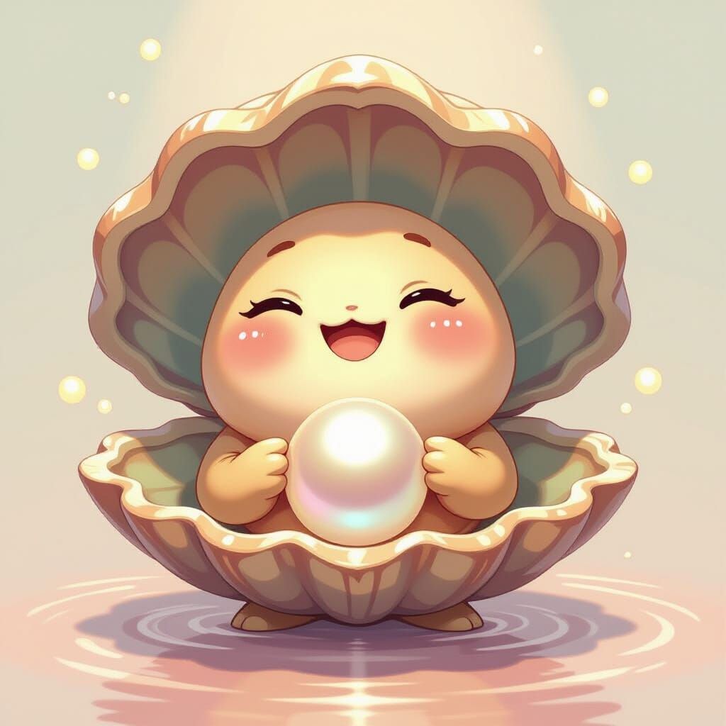 Smiling Clam Displays Pearl in Anime Oil Painting