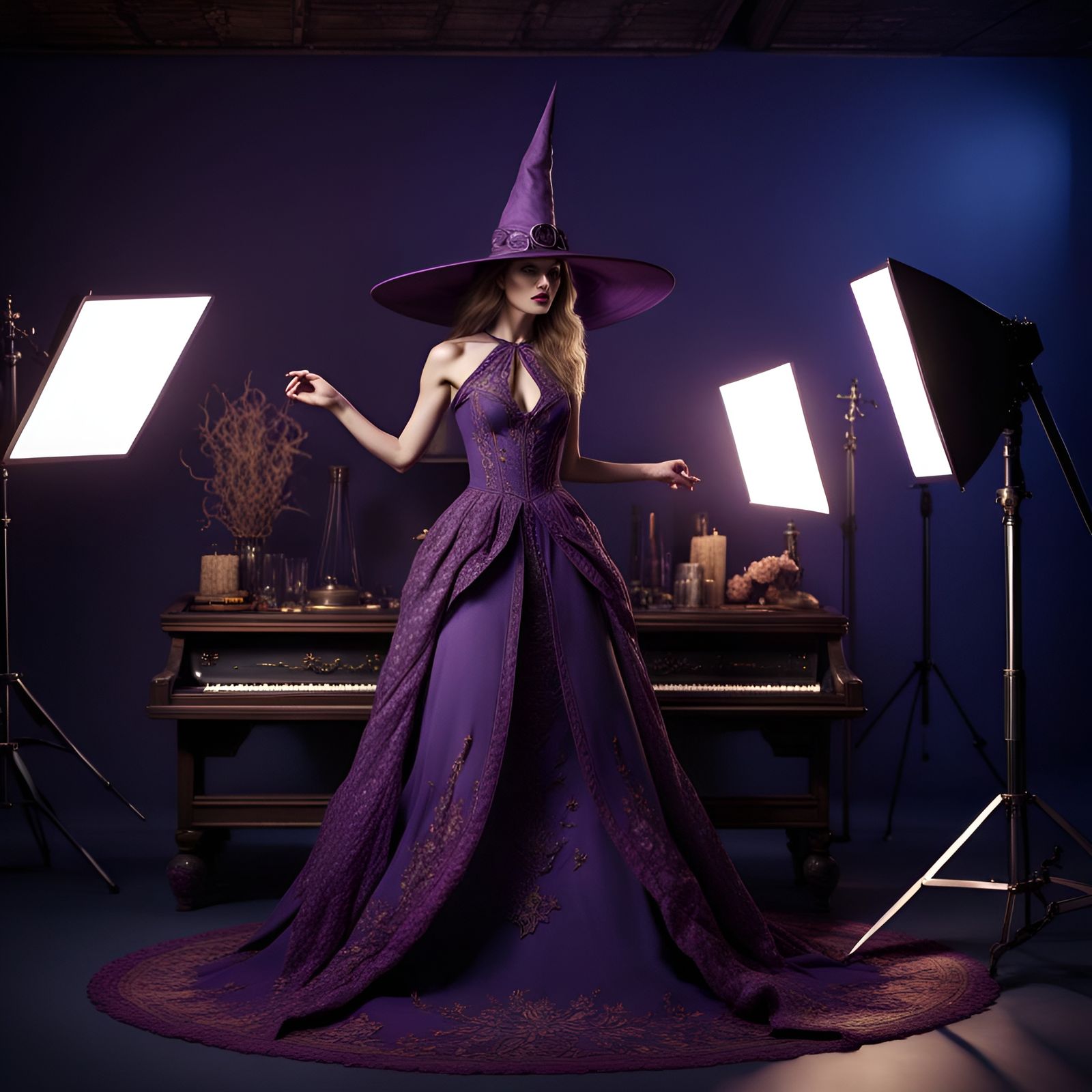A supermodel in purple cut-out embroidery gown and embroidery witch hat having a photoshoot in the studio