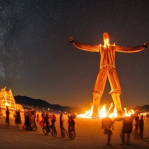 Night at Burning Man, Massive wooden bust sculpture of a man in flames burning billowing, crystal clear starry sky, mult...