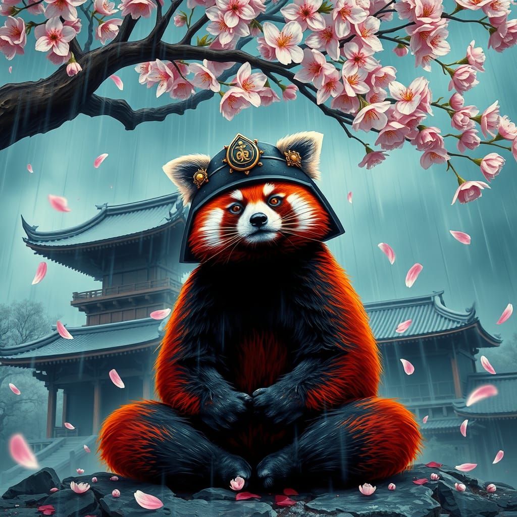 Samurai Red Panda in Fauvist Cherry Blossom Storm