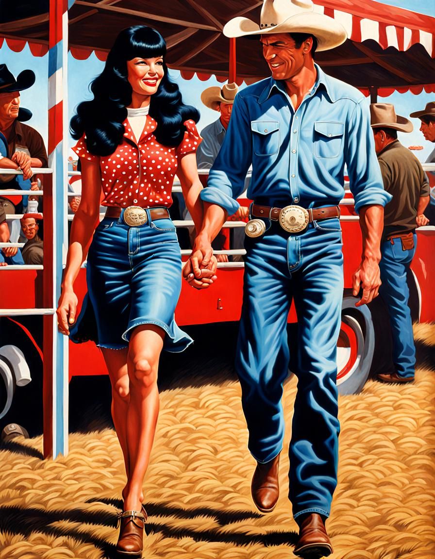 Cowboy and Bettie Page at County Fair: Photorealistic Oil Pa...