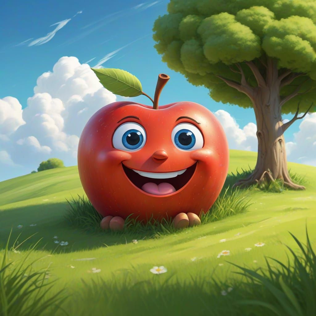 Whimsical Red Apple on a Sunny Hillside