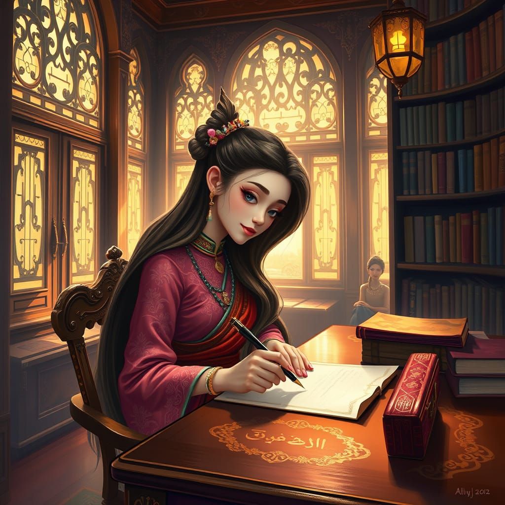 Mystical Library Scene with Enchanting Lady