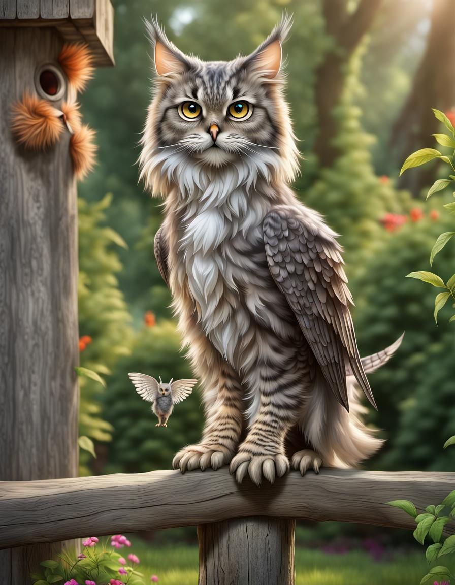 Owl-Cat Hybrid Perched in Garden