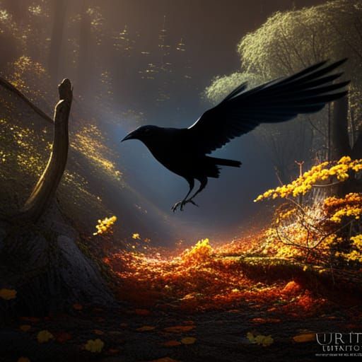 Raven and Witch in Autumn Woods: Matte Painting