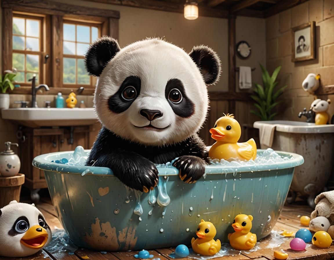 Baby Panda Bath Time: 3D Digital Art
