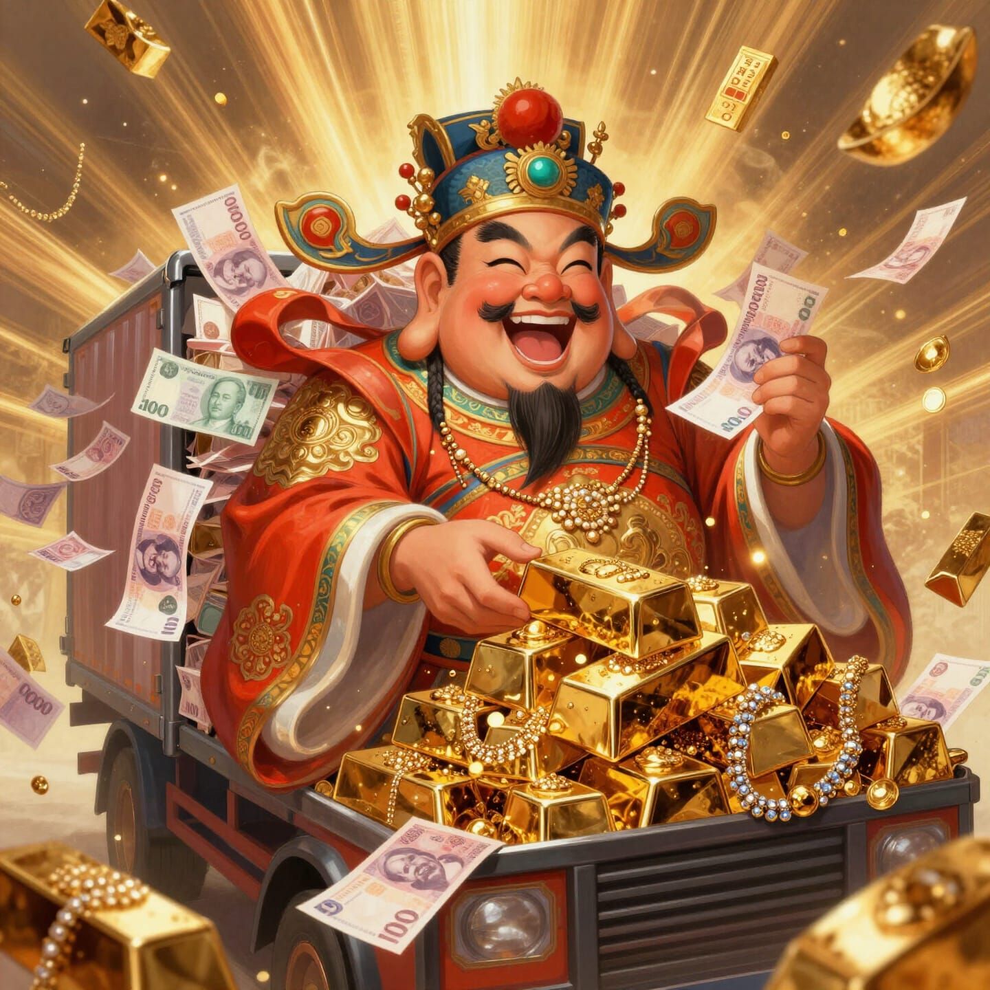 Chinese God of Wealth Spreading Prosperity With Gold and Jew...