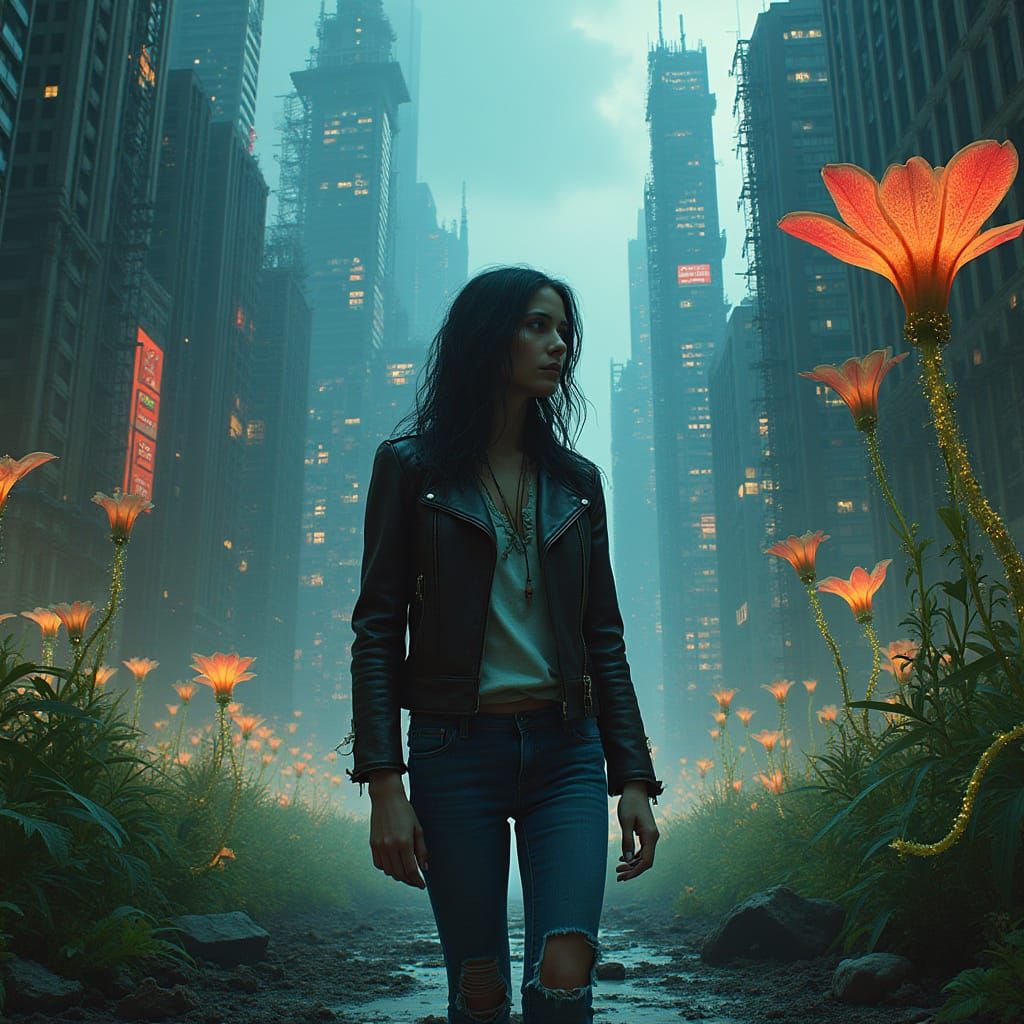 Bioluminescent Vines Engulfing Skyscrapers in Dystopian City...