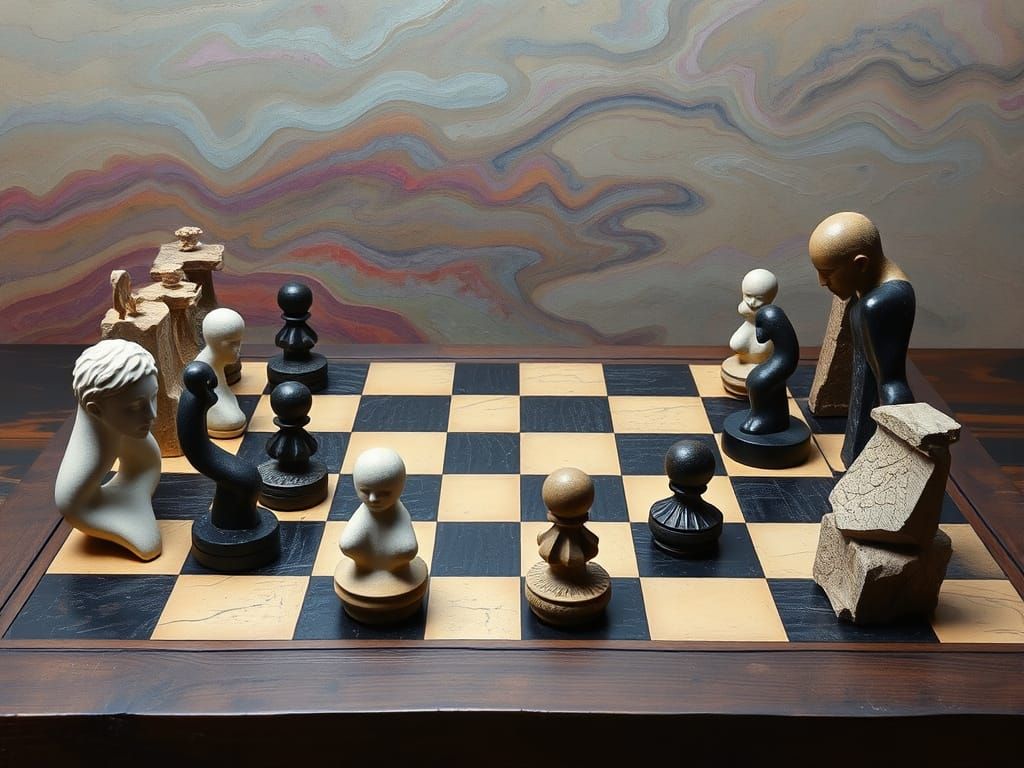 Abstract Chess Game Pieces in a Surreal, Dreamlike Landscape