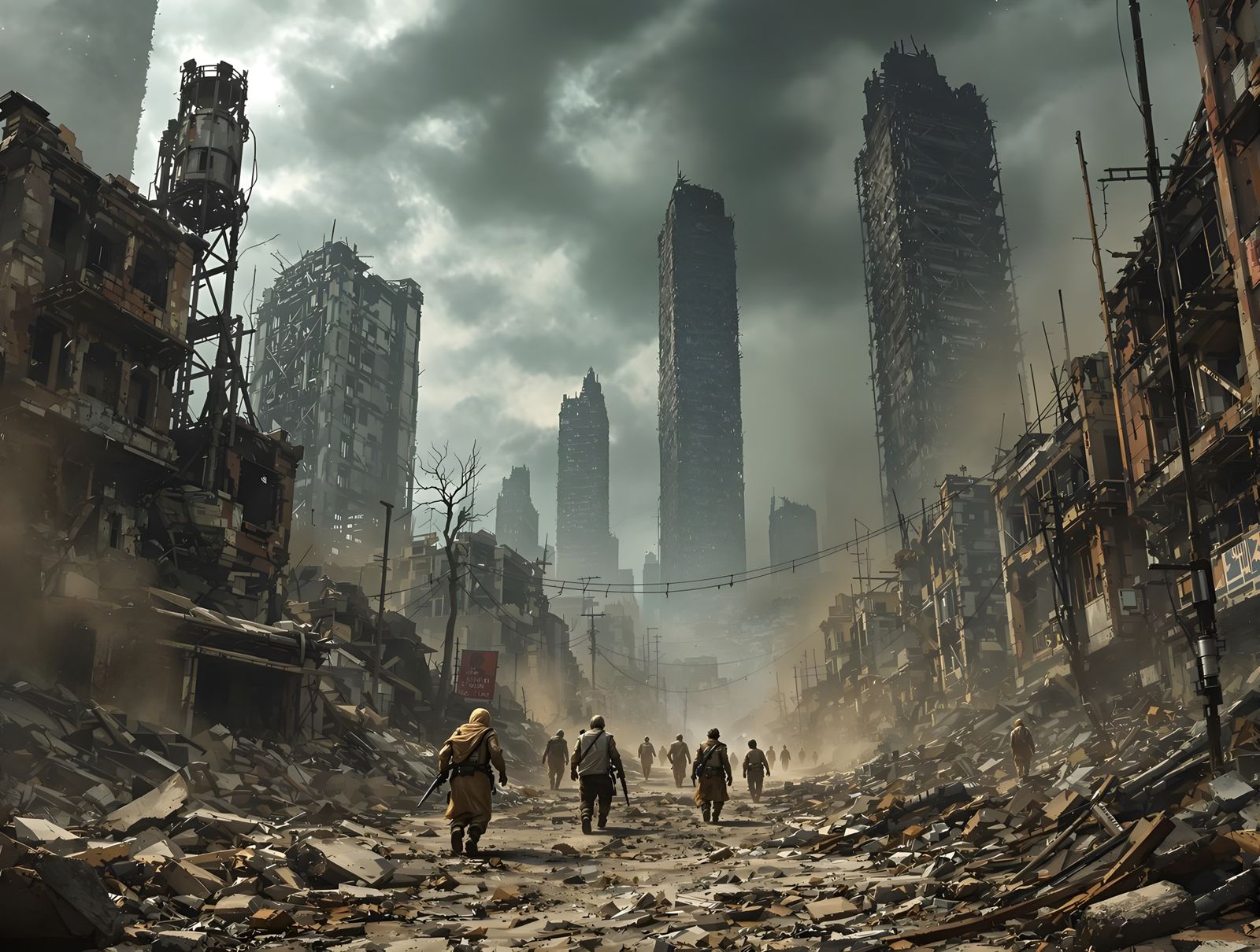 Photorealistic picture of a post apocalyptic world. Jagged s...
