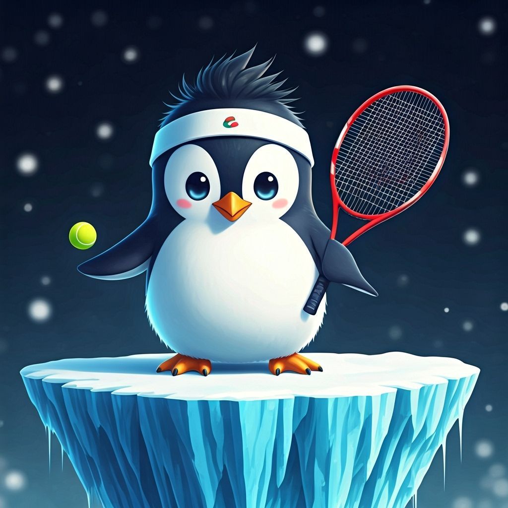 Anime Penguin Tennis Player on Iceberg Court