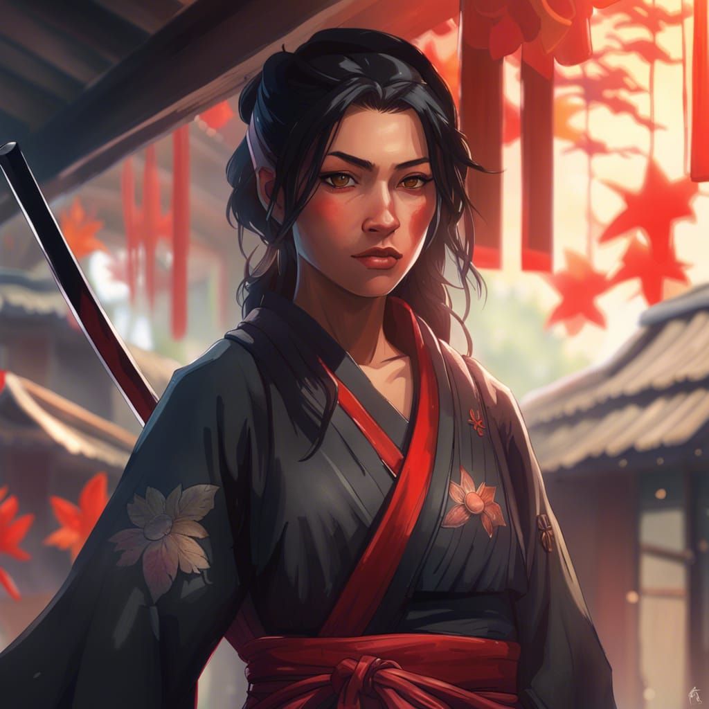 Japanese Woman Samurai in Kimono Portrait