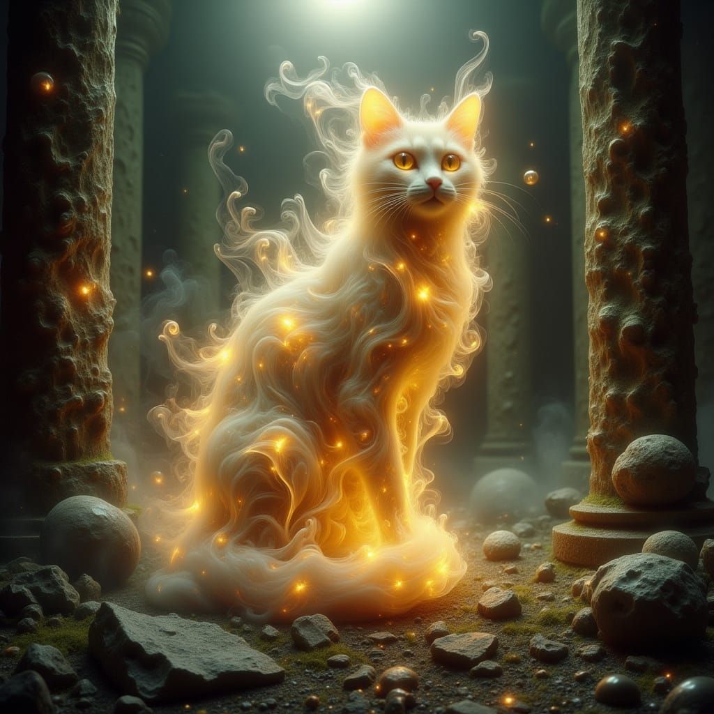 Golden Smoke Cat in Ancient Temple Ruins