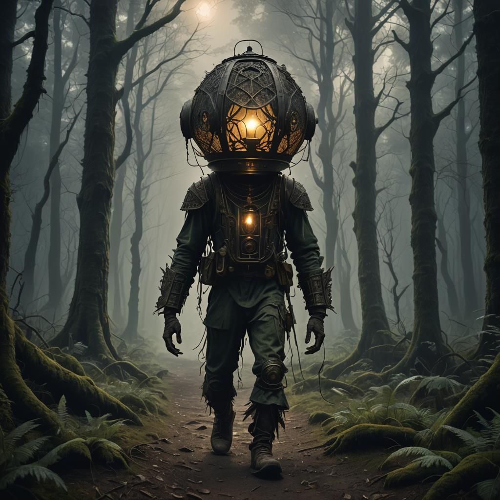 Lantern-Headed Creature Navigates Dark Forest Path