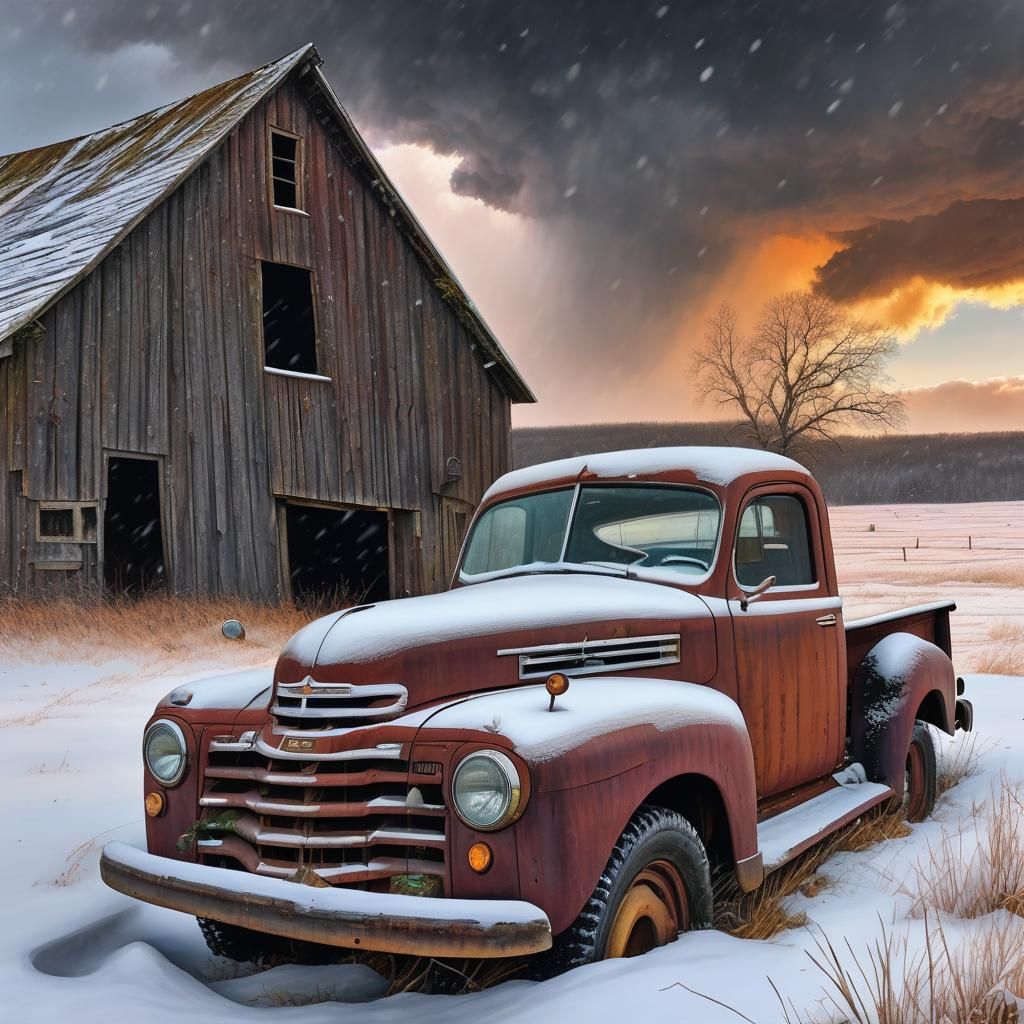 Winter Barn Scene in Colored Pencil Style