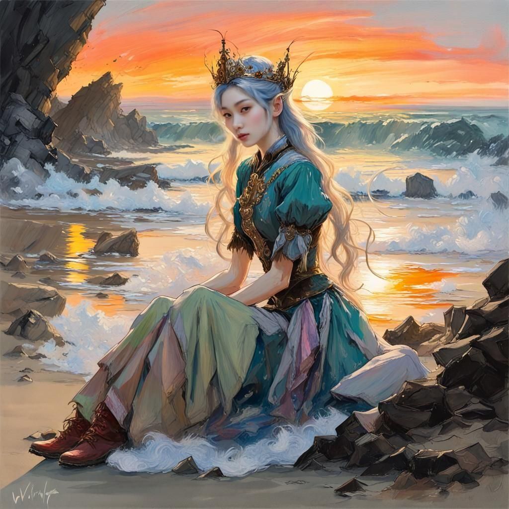 Victorian Elf Princess at Sunrise, Gouache Painting