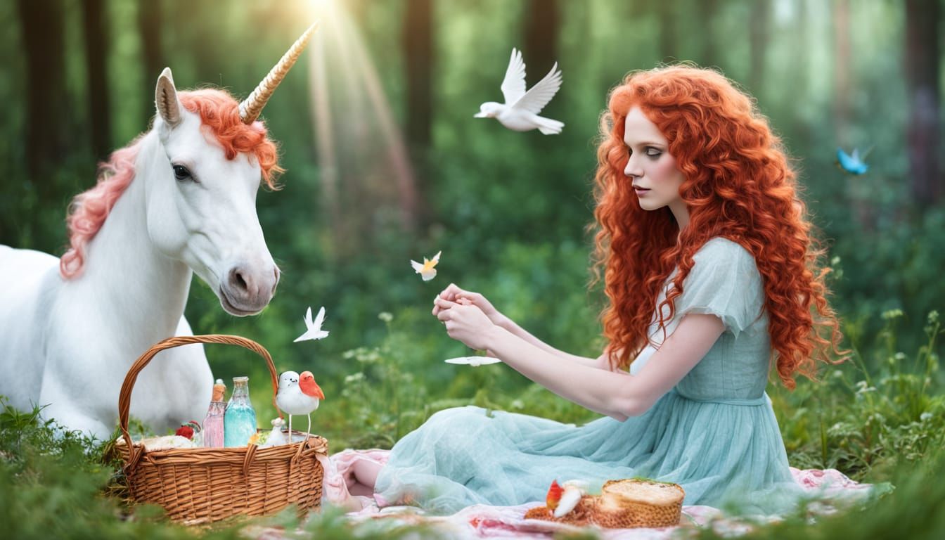 Enchanting Fairy Picnic With Unicorn in Woodland Fantasy Art