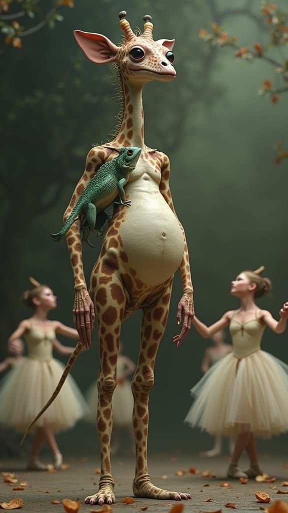 Fantastical Giraffe-like Creature with Ballet Dancers