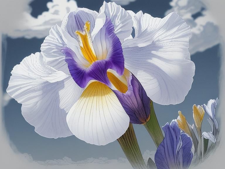 Blooming Iris Flower Etched Ink Illustration