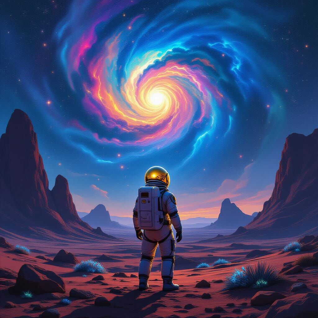 Astronaut on Alien Planet Gazing at Nebula in Matte Painting