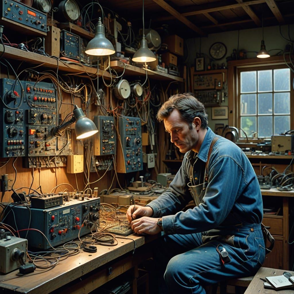 Tinkering Electrician in a Gritty Workshop