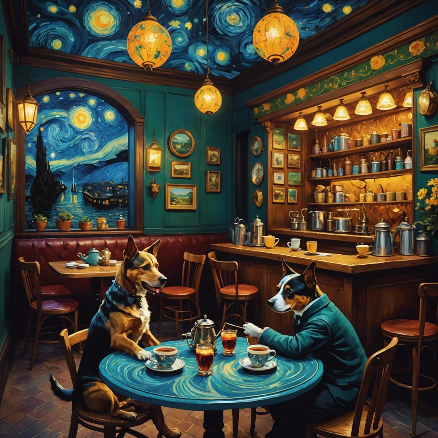 Dogs and Cats in Cafe: A Post-Impressionist Matte Painting
