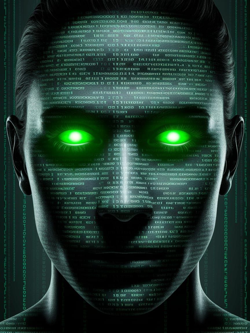 Code Face in Matrix-Inspired Cyberpunk Style