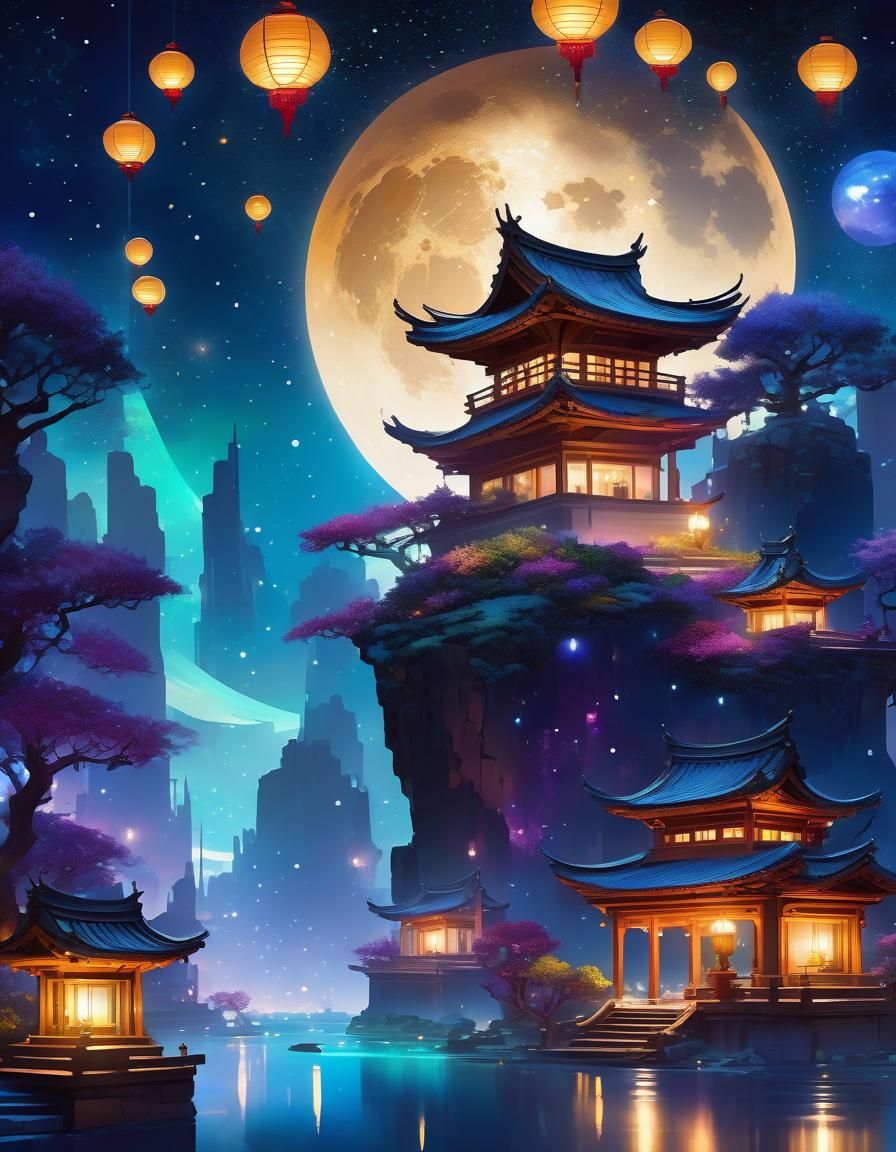 Clockpunk Japanese Village with Lavender Mushroom Mansion