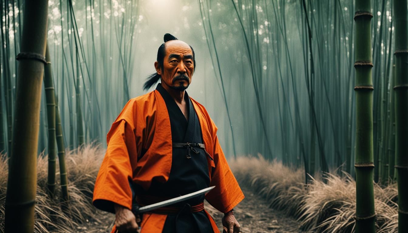 Japanese Swordsman in Bamboo Field, Cinematic Still