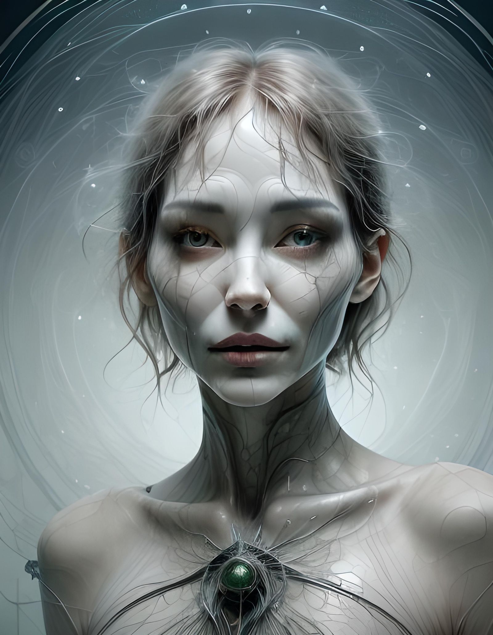 Ethereal Biomechanical Figures in Dreamlike Matrix